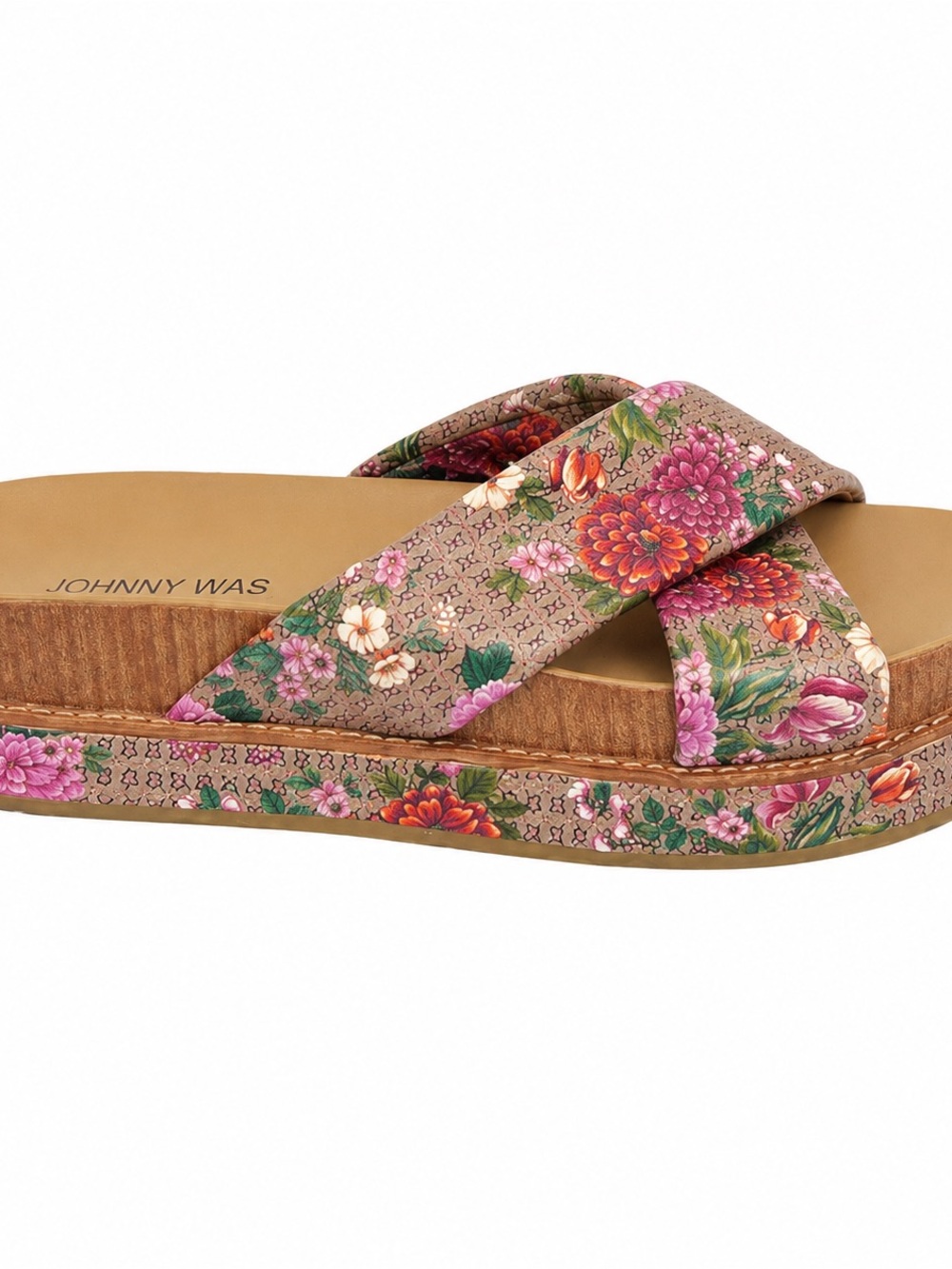 Johnny Was Floral Platform Slide Sandals Womens S 7 Criss Cross Boho EUC  MSS124